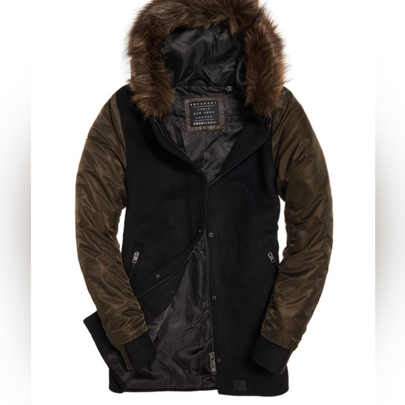 Superdry Wool Women's Coat - Medium in Black and Khaki (sleeves) - Picture 2 of 8